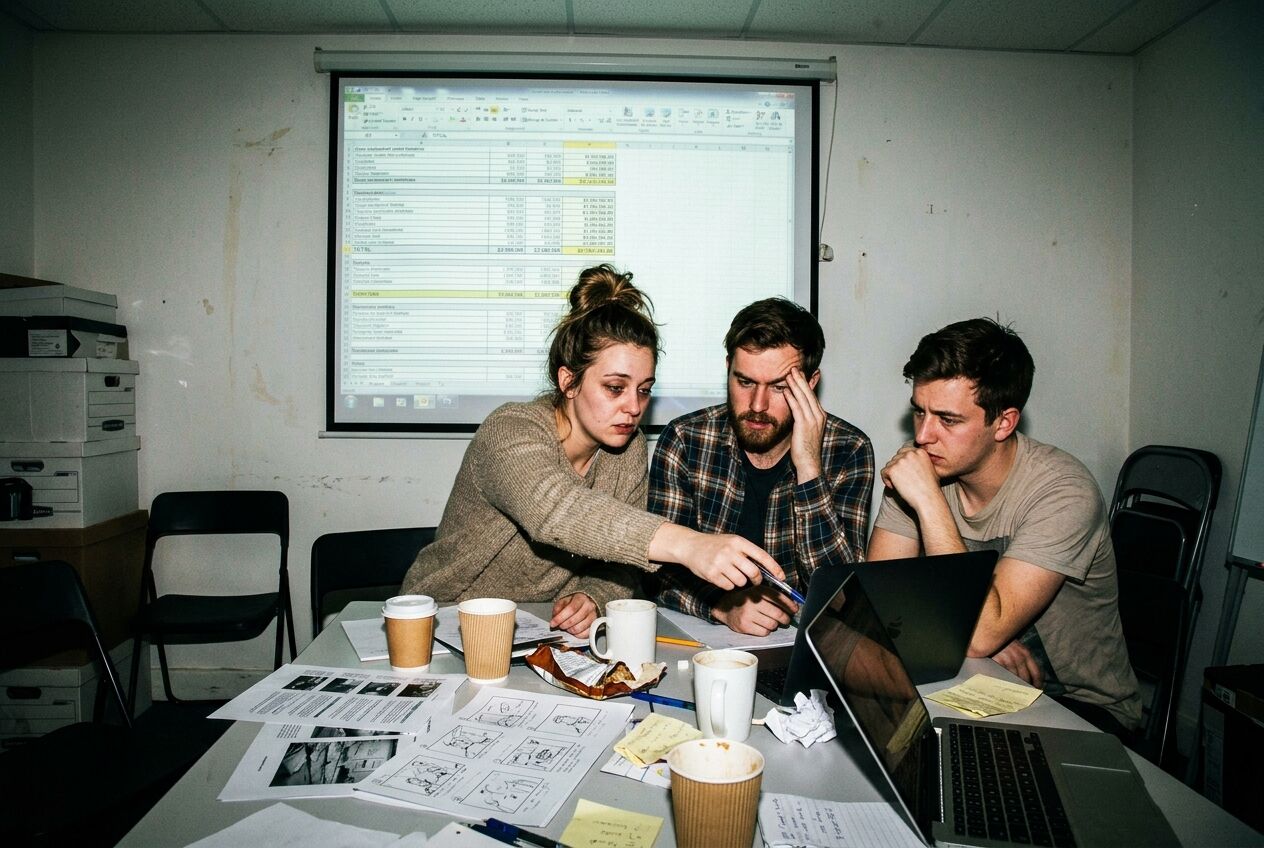 Creatief team in een videobureau dat rond een tafel vol moodboards en storyboards de kosten van een videoproject bespreekt.