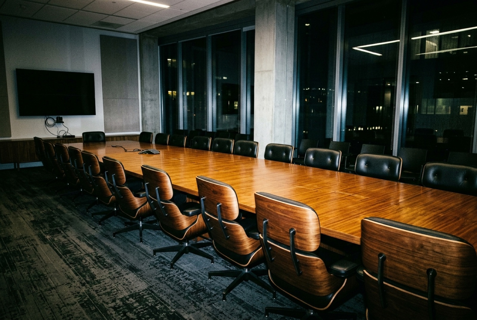 Grote lege vergaderruimte met designstoelen in een duur bureaupand, hard aangeflitst