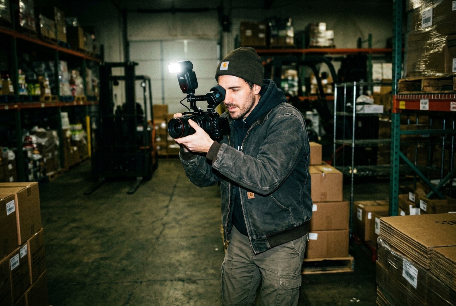 Eén cameraman met compacte set filmt in een magazijn, zonder entourage